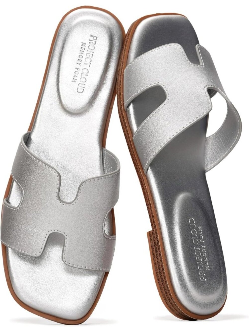 Women's Silver Genuine Leather Fashion Flats Memory Foam Insole Slides Sandals